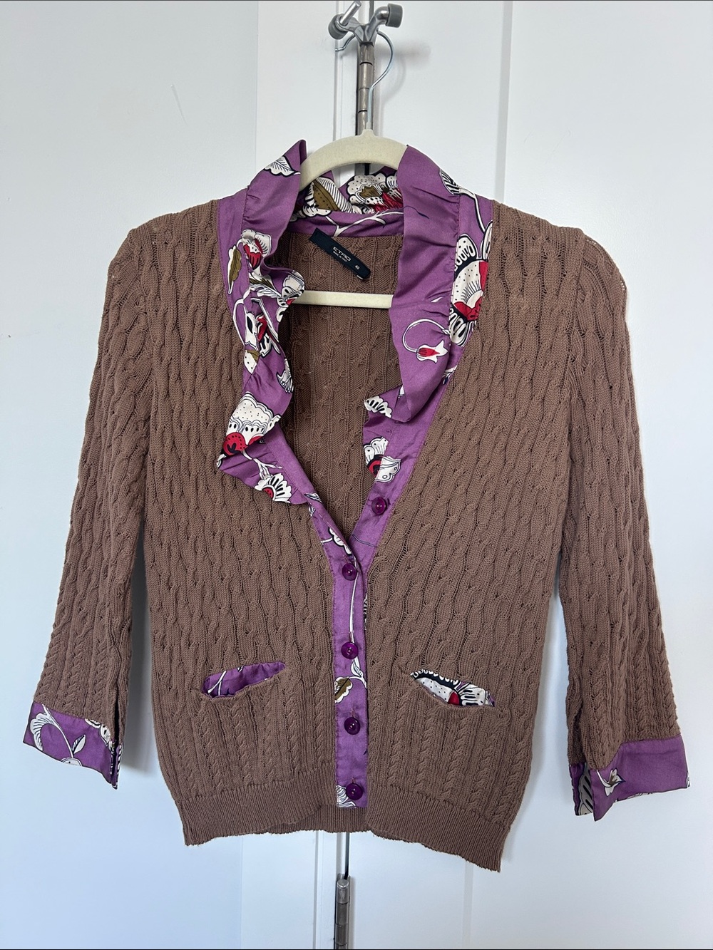 Vintage Etro Brown Cable-Knit Cardigan with Purple Printed Trim size Small